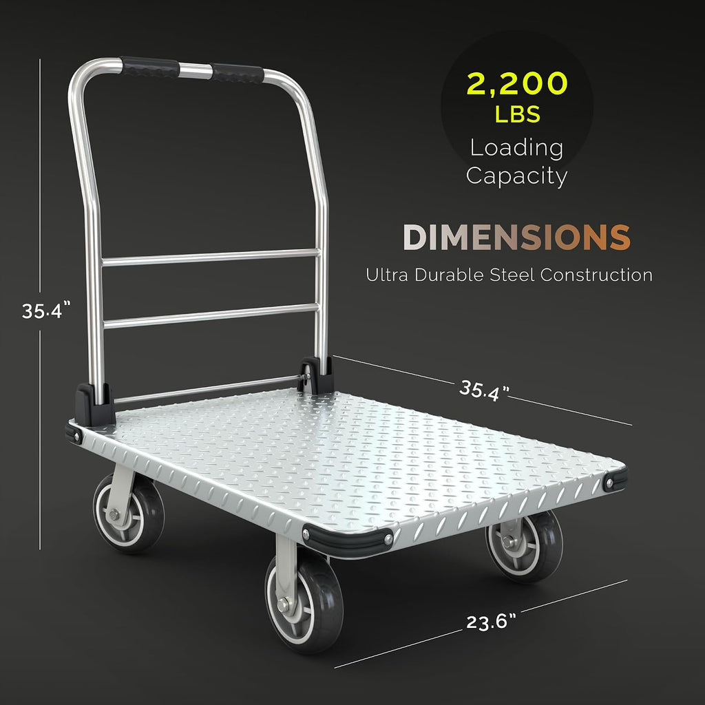 2200 lbs. Capacity Foldable Push Cart Dolly | Moving Platform Hand Truck | Heavy Duty Space Saving Collapsible | Swivel Flat Bed Wagon - Furniture Luggage Lifting