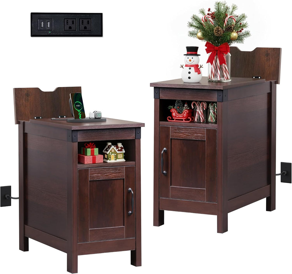 WLIVE Narrow End Table Set of 2 with Charging Station, Side Tables for Living Room, Small Spaces, Couch, Night Stand Set with Storage, USB Ports and Outlets,Brown