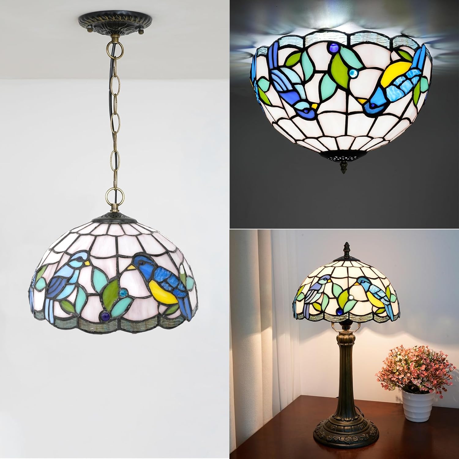 Tiffany Lamp Shade Replacement, 10 Inch Blue Birds Stained Glass Vintage Handmade Cute Decor Ceiling Light Shade for Table Lamp Pendant Light