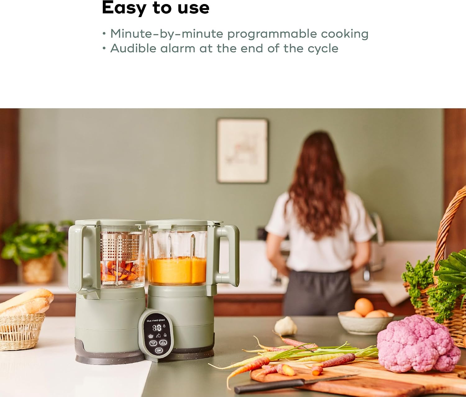 Babymoov Duo Meal Glass Baby Food Maker, Celadon Green – 4-in-1 Steamer, Blender, Defroster, and Heater with Programmable Timer, Large Capacity, Glass Bowls, Dishwasher Safe