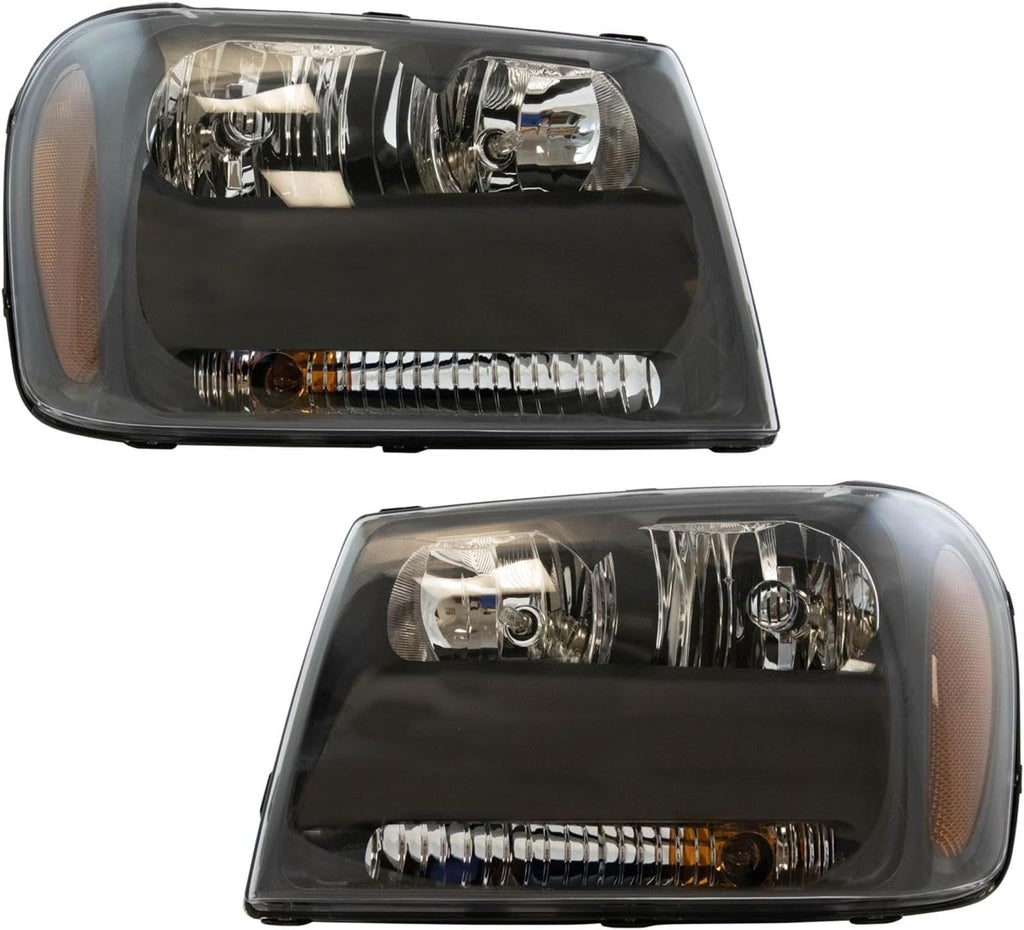 TRQ Driver and Passenger Side Headlight Assembly Set Compatible with 2006–2009 Chevrolet Trailblazer without Full Width Grille Bar 2006 Chevrolet Trailblazer EXT without Full Width Grille Bar