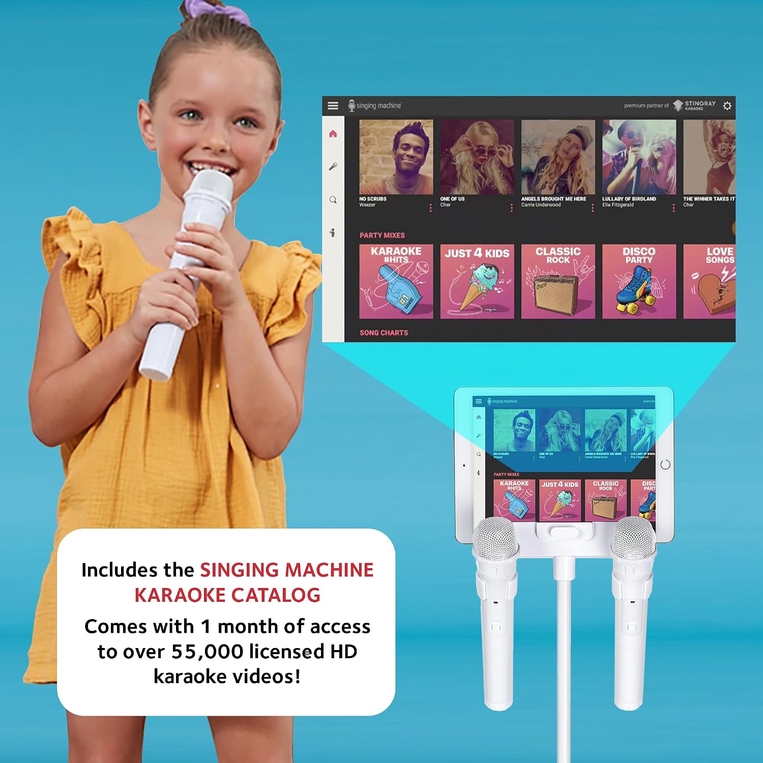 Singing Machine Portable Karaoke Machine for Adults & Kids with 2 Wireless Microphones, Home Stage (White) - Built-in Karaoke Speaker, Bluetooth with LED Lights - Karaoke System with Voice Enhancer