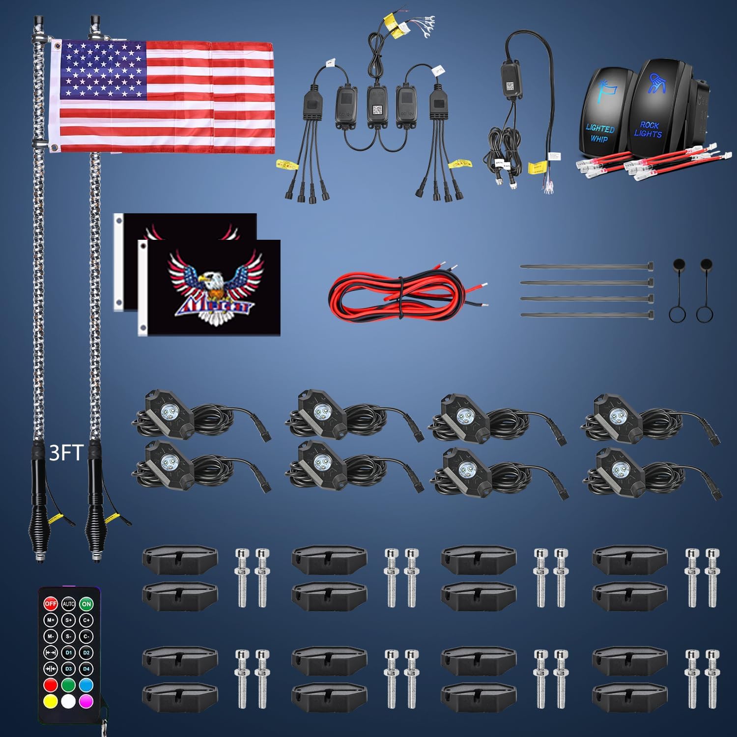 Nilight 2PCS 3FT RGB LED Whip Light with Spring Base and 8 PCS Rock Lights Combo, Remote App Control w/DIY Chasing Patterns Turn Signal Brake Reverse Antenna Lighted Whips for ATV UTV Polaris RZR Jeep