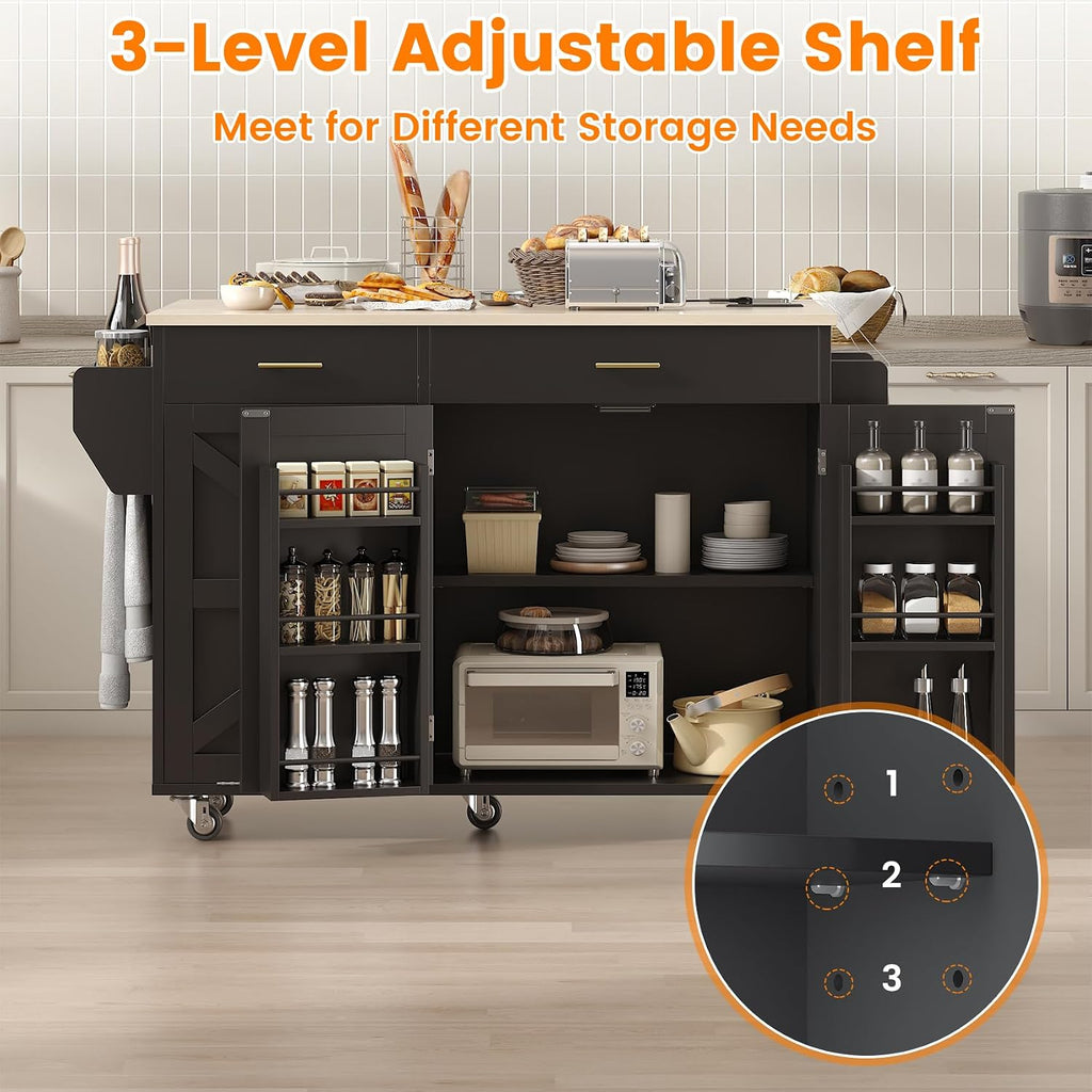 VVFLU 51.8' Kitchen Island Cart with Trash Can Storage, Kitchen Island on Wheels with Power Outlet & Drop Leaf, Rolling Kitchen Cart with Towel Rack & Spice Rack, Mobile Islands Table for Kitchen