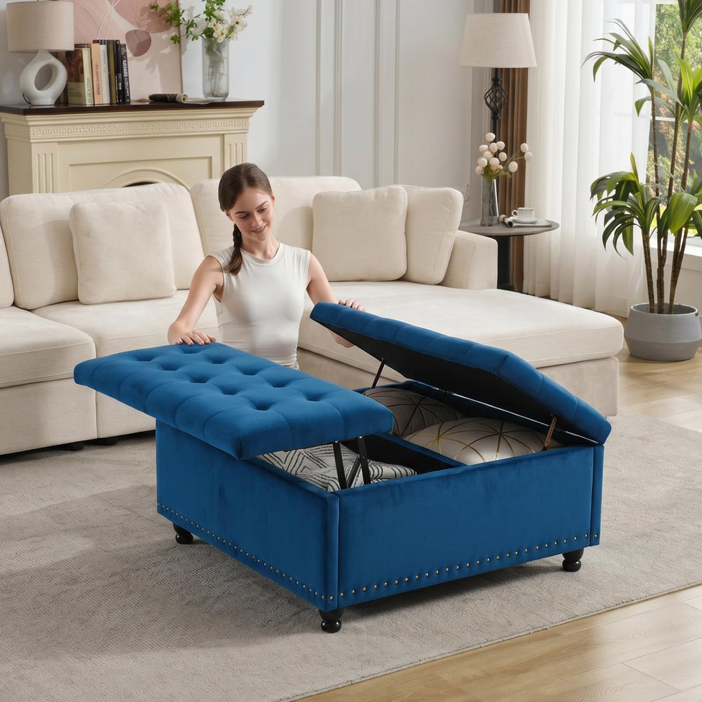Tbfit Large Square Storage Ottoman Bench, Tufted Upholstered Coffee Table Ottoman with Lift Top & Wooden Legs, Oversized Storage Ottomans Toy Box for Living Room (Blue Velvet)