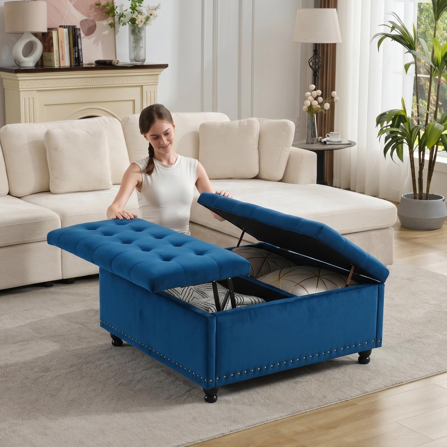Tbfit Large Square Storage Ottoman Bench, Tufted Upholstered Coffee Table Ottoman with Lift Top & Wooden Legs, Oversized Storage Ottomans Toy Box for Living Room (Blue Velvet)