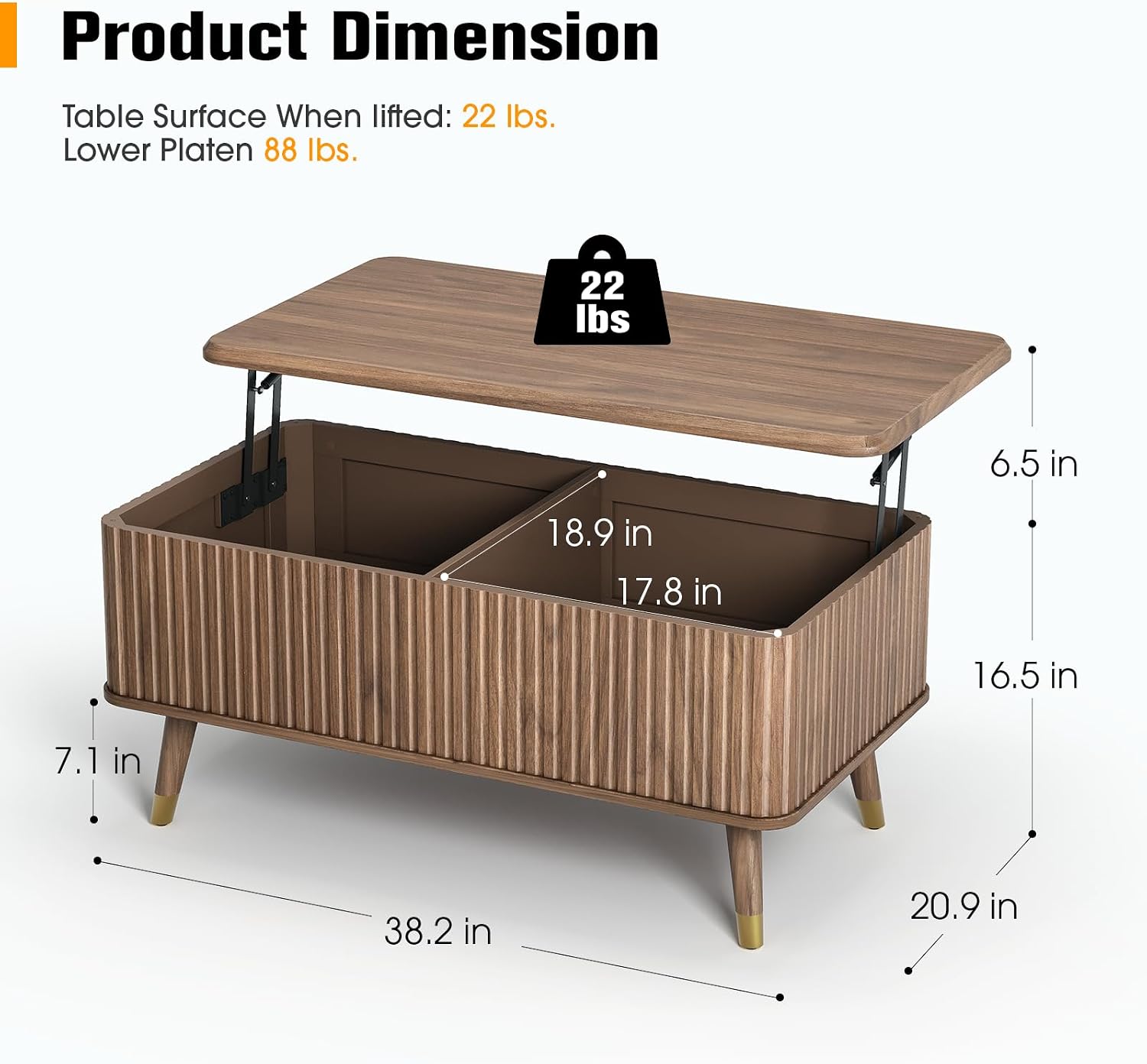 Lift Top Coffee Table with Storage, Mid Century Modern Coffee Table with Solid Wood Legs, 38' Minimalist Fluted Center Table for Living Room, Home Office, Walnut