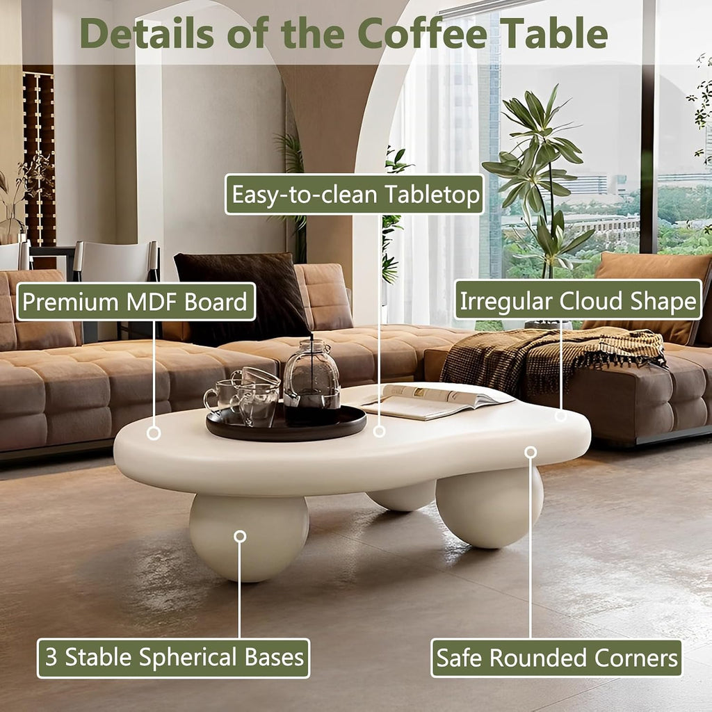Cloud Coffee Table for Living Room with Round Corners Modern Style Center Table with 3 Ball-Shaped Legs Wood Tea Table for Small Space Apartment Easy Assembly (White W40 * D28 * H12inch)