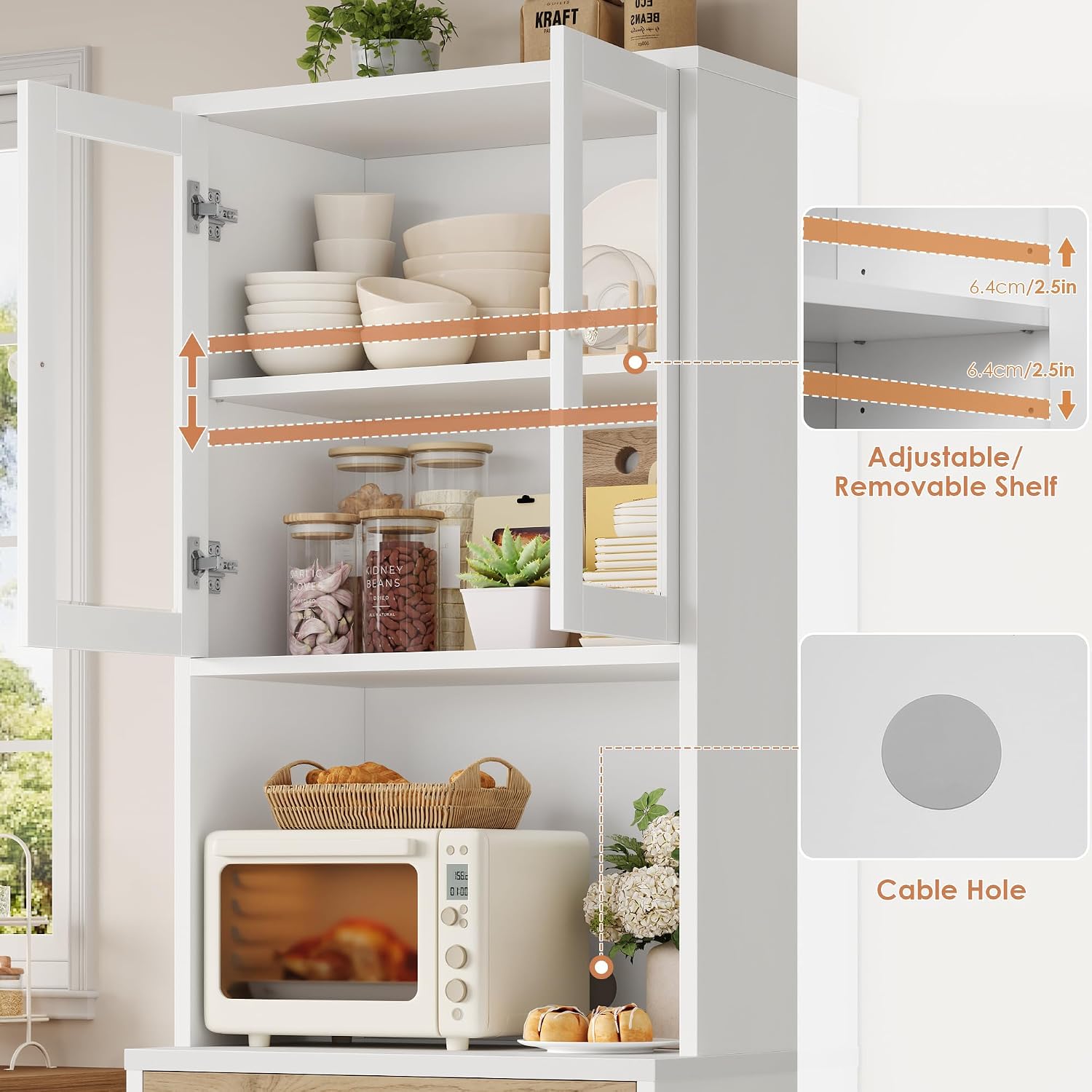 Keyluv 71' Tall Kitchen Pantry Storage Cabinet with Microwave Stand, Buffet Kitchen Hutch with Shelves and Drawers, Wood Coffee Bar Pantry Cabinet with Glass Doors, for Dining Room/Small Space, Khaki