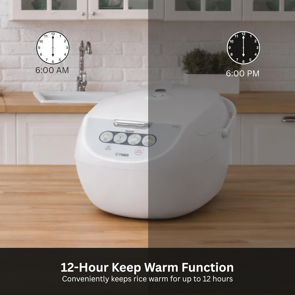 TIGER JBV-A10U 5.5-Cup (Uncooked) Micom Rice Cooker and Warmer with Tacook Food Steamer Cooking Tray Technology, White