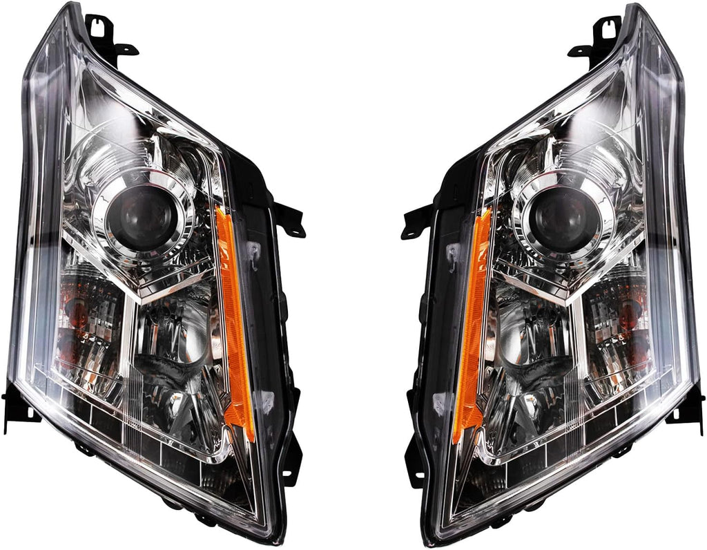 TRQ 2 Piece Headlight Assembly Set Performance Halogen LED Light Bar Chrome Bezel Driver & Passenger Side Compatible with Cadillac SRX 2010-2016 GM2502345 GM2503345 22853872 22853873