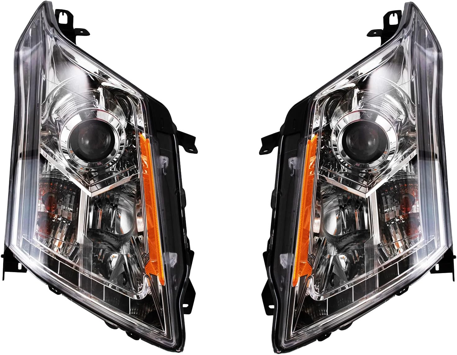 TRQ 2 Piece Headlight Assembly Set Performance Halogen LED Light Bar Chrome Bezel Driver & Passenger Side Compatible with Cadillac SRX 2010-2016 GM2502345 GM2503345 22853872 22853873