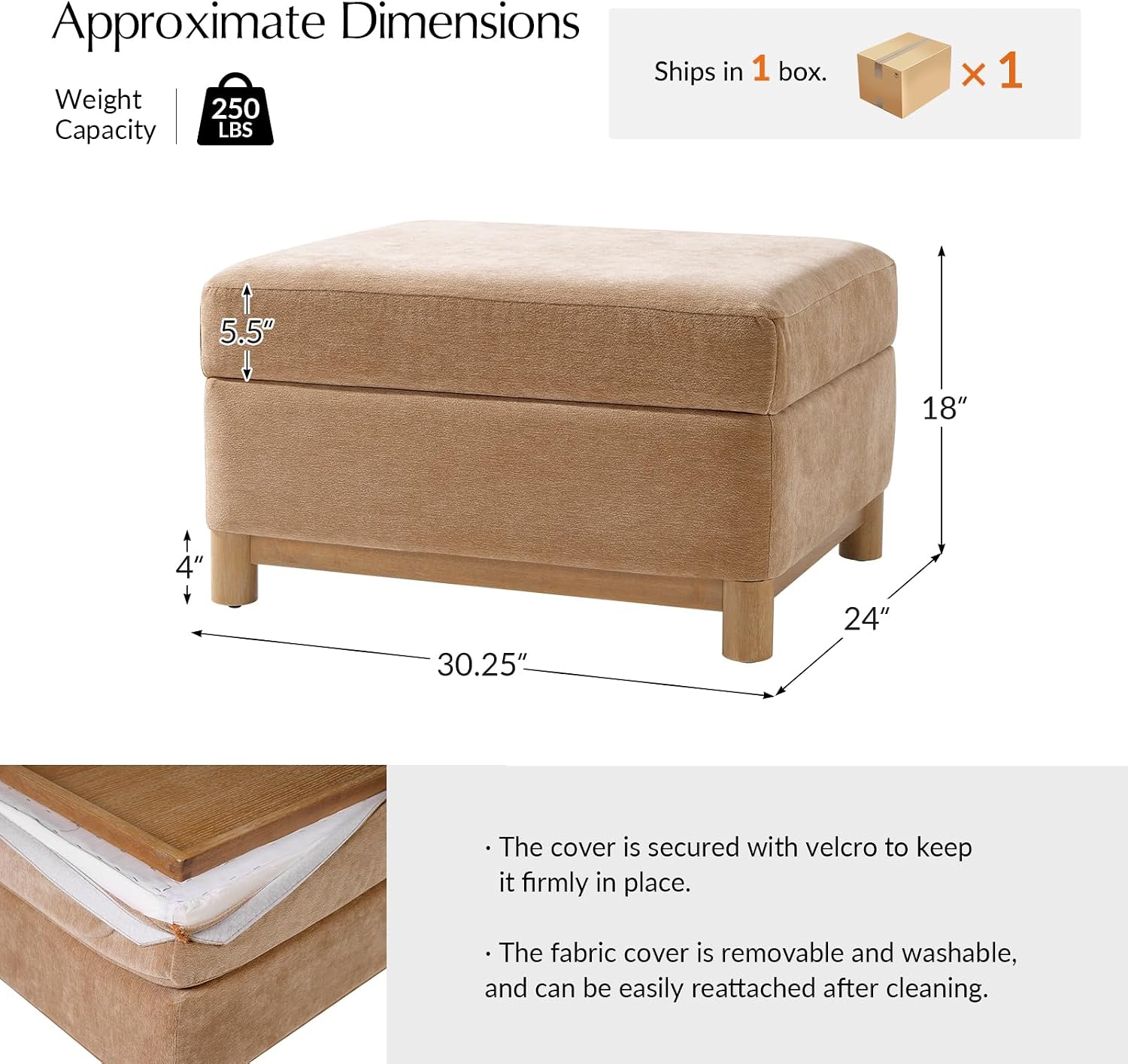 HULALA HOME 30.25' Ottoman Coffee Table with Reversible Tray Lid, Modern Upholstered Storage Ottoman with Solid Wood Base, Removable Top, Footrest and Extra Seating for Bedroom or Living Room, Camel