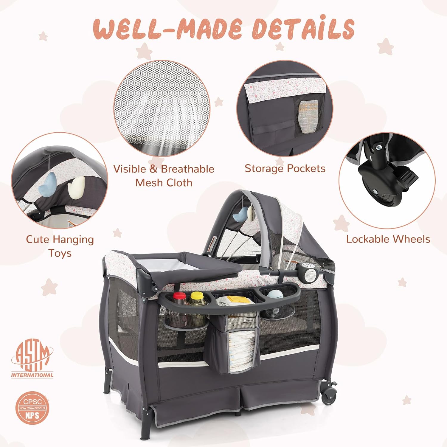 HONEY JOY Pack and Play, 4 in 1 Portable Baby Crib Playpen w/Bassinet, Changing Table, Canopy, Mattress, Music Box, Storage Bag, Foldable Pack and Play for Infant Boys Girls
