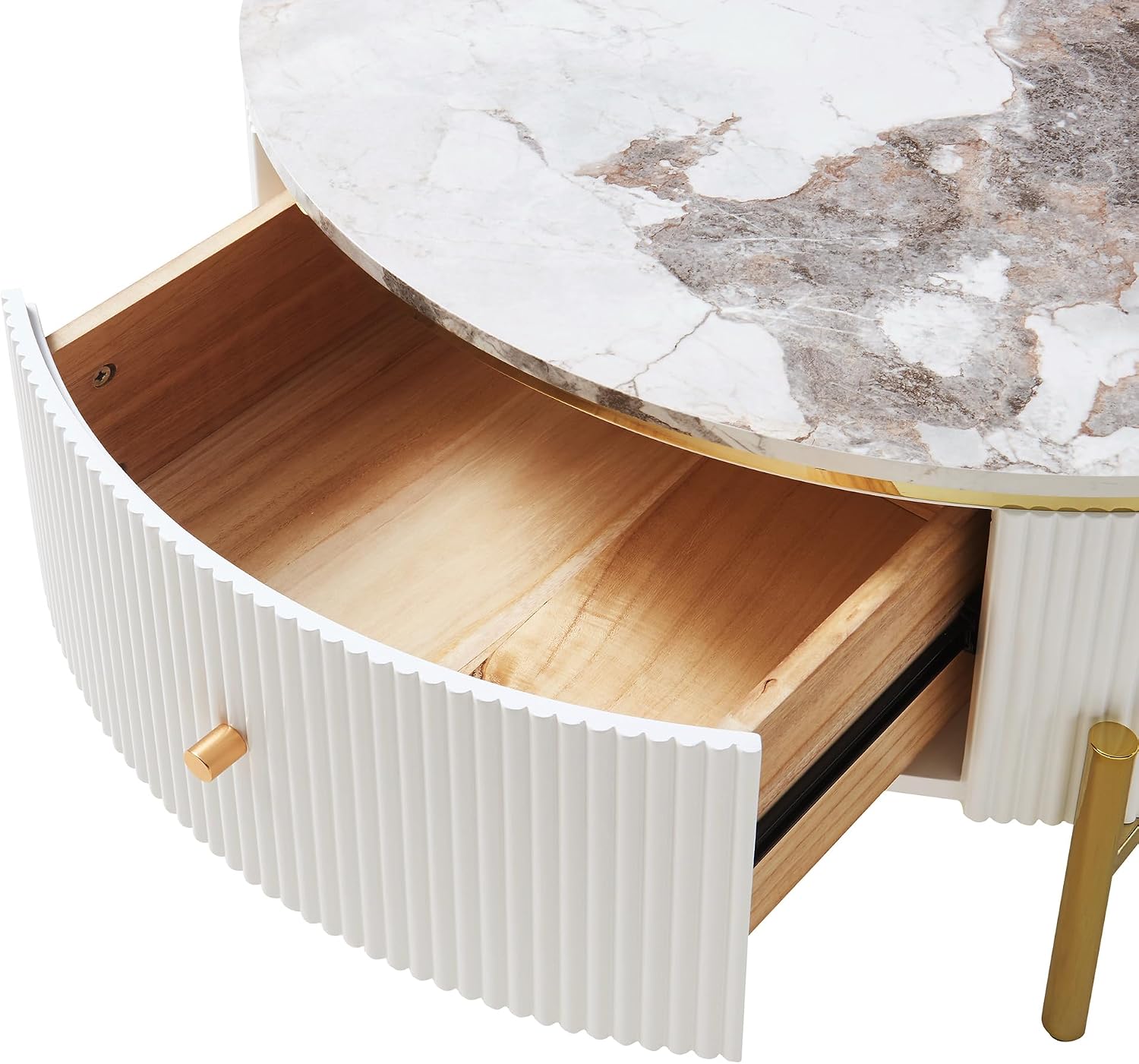 Merax 31.5'' Round Wood Coffee Table, with 2 Large Drawers Storage, Modern Marble Top, with Gold Metal Legs Center Tables for Living Room Apartment, Off White