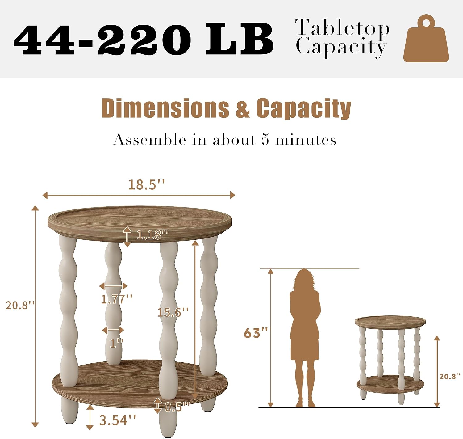 Round End Table, 2-Tier Farmhouse End Table, 18.5'' Handcrafted Weathered Look Wooden Nightstand, Pine Leg, Small Side Tables for Living Room, Small Space, Bedroom, Boho, Easy Assembly, Cream Beige