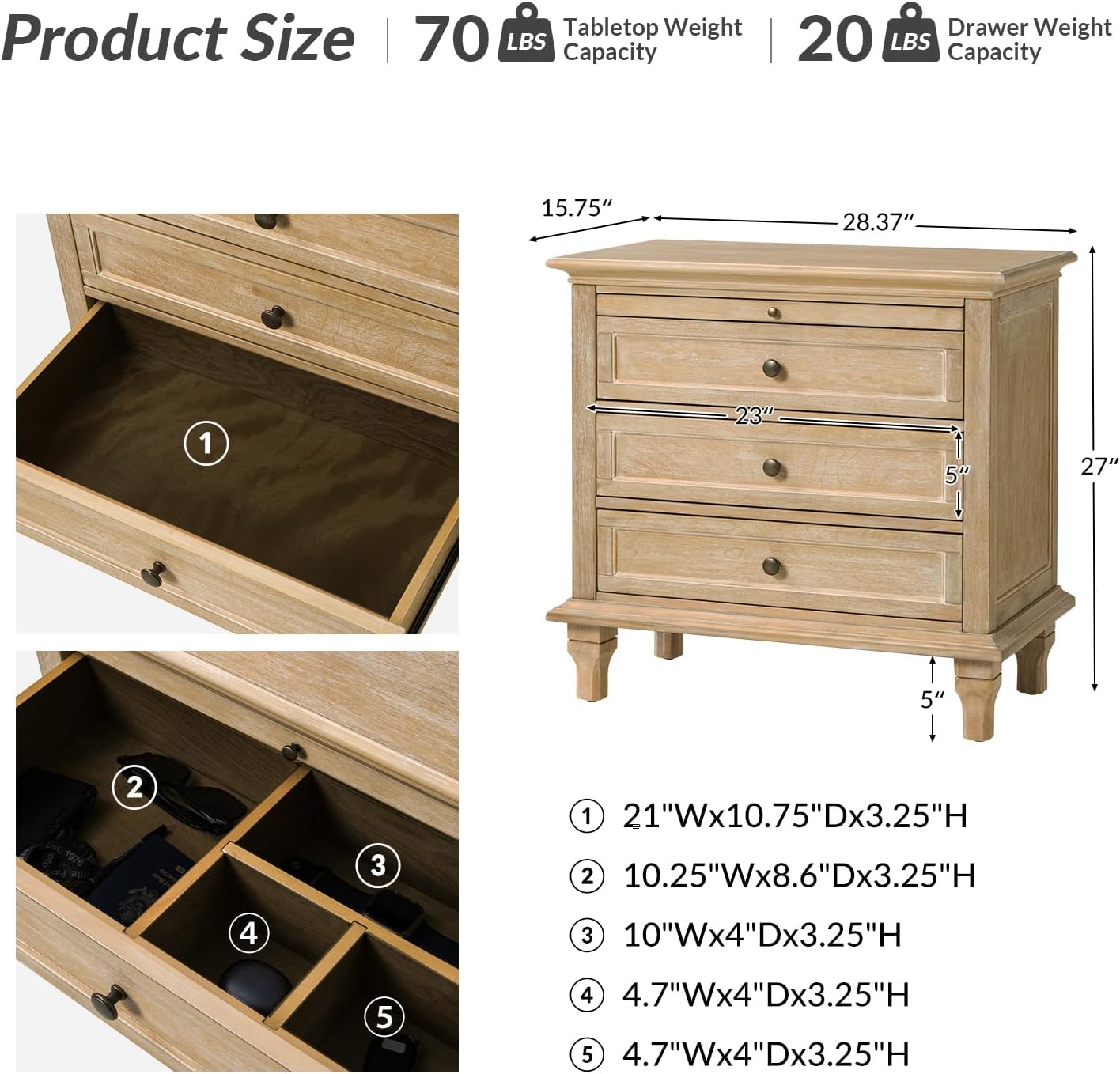 HULALA HOME Farmhouse 3 Drawer End Table with Tray, Drawer Organizer with Solid Wood Legs, End Table with Charging Station（Natural）