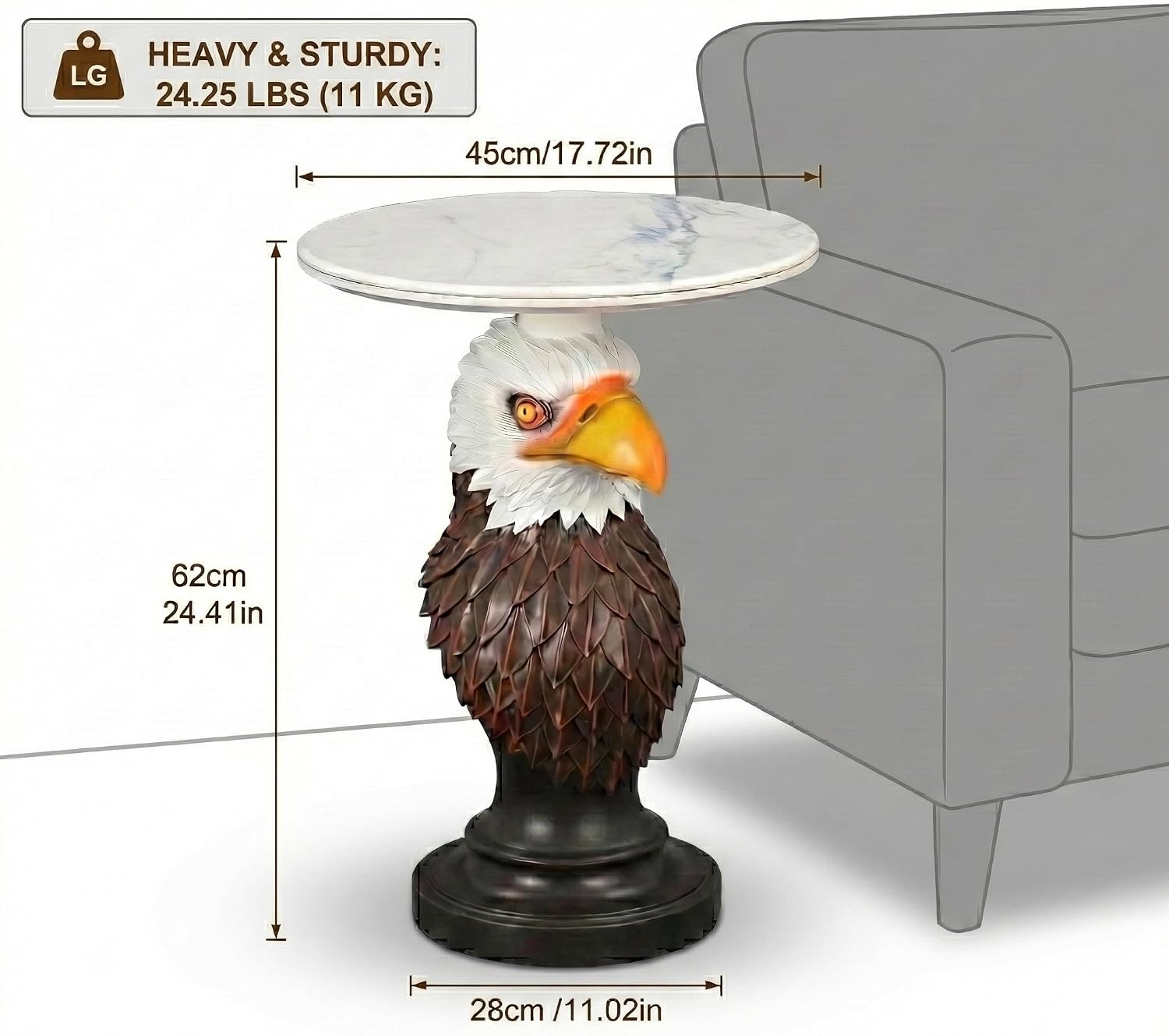Bald Eagle Sculptural Side Table with Faux Marble Top, 17.72' Round Resin Animal End Table, Unique Eagle Statue Decor for Living Room, Office & Patio, Patriotic Housewarming Gift