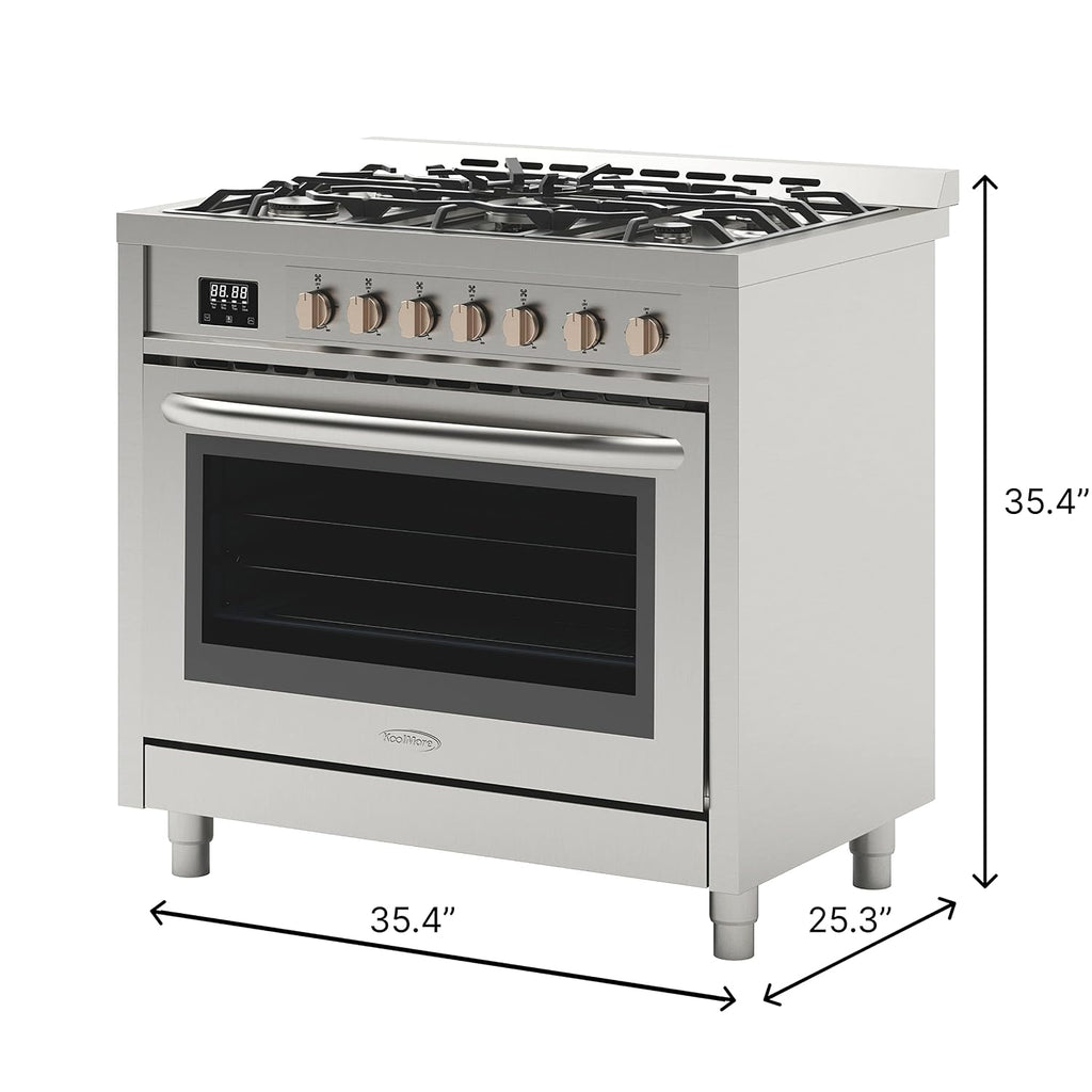 KoolMore 36' Inch Professional Gas Range Stove with 5 Burner Cooktop, Rapid Convection Oven, and Digital Timer with Heavy-Duty Cast Iron Grates, Stainless-Steel Appliance (KM-FR36GL-SS), Silver