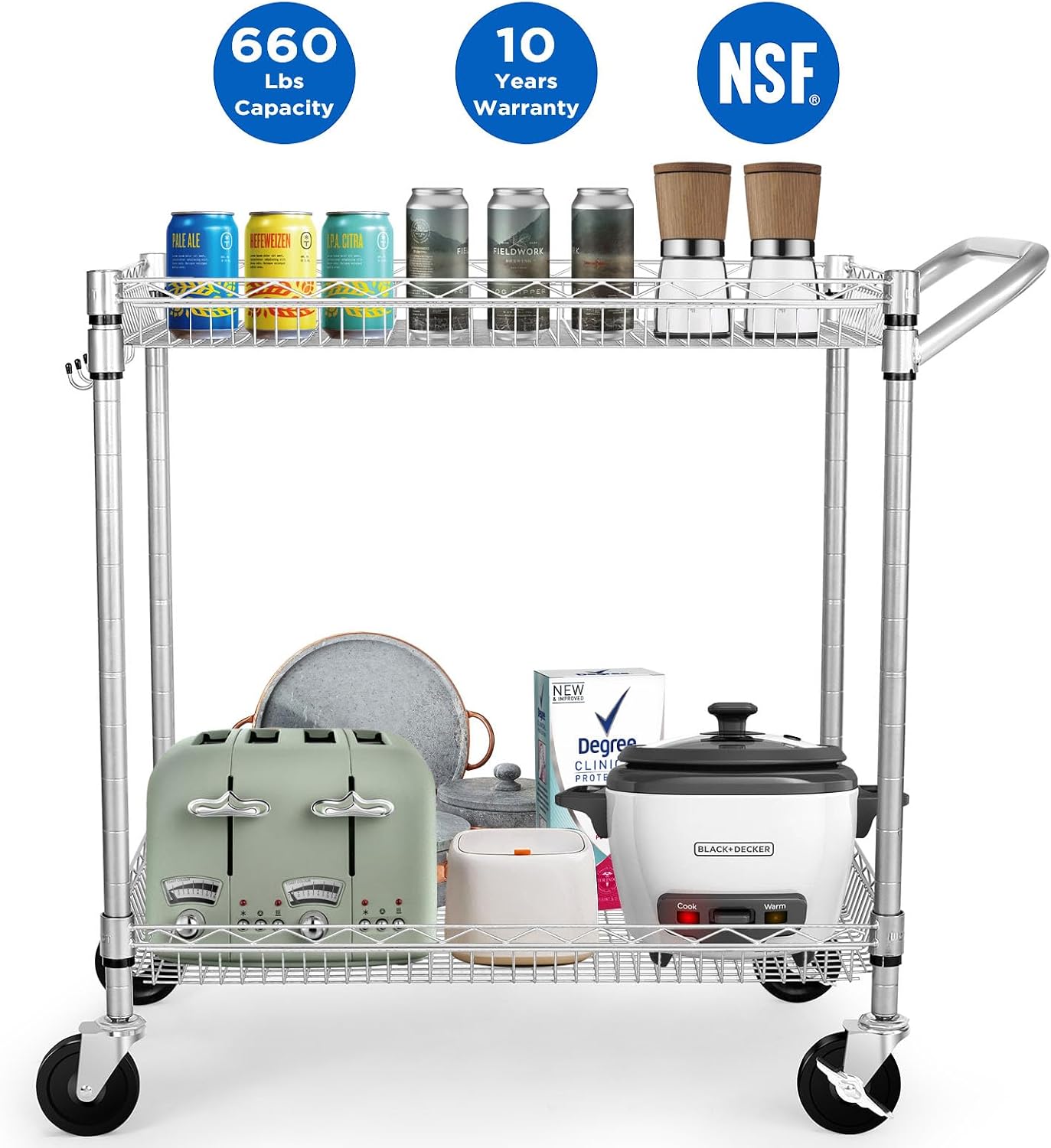 WDT Heavy Duty 2 Tier Rolling Cart, NSF Listed, 660Lbs Capacity, Commercial Grade Metal, 35.63'x18.1'x33.93'