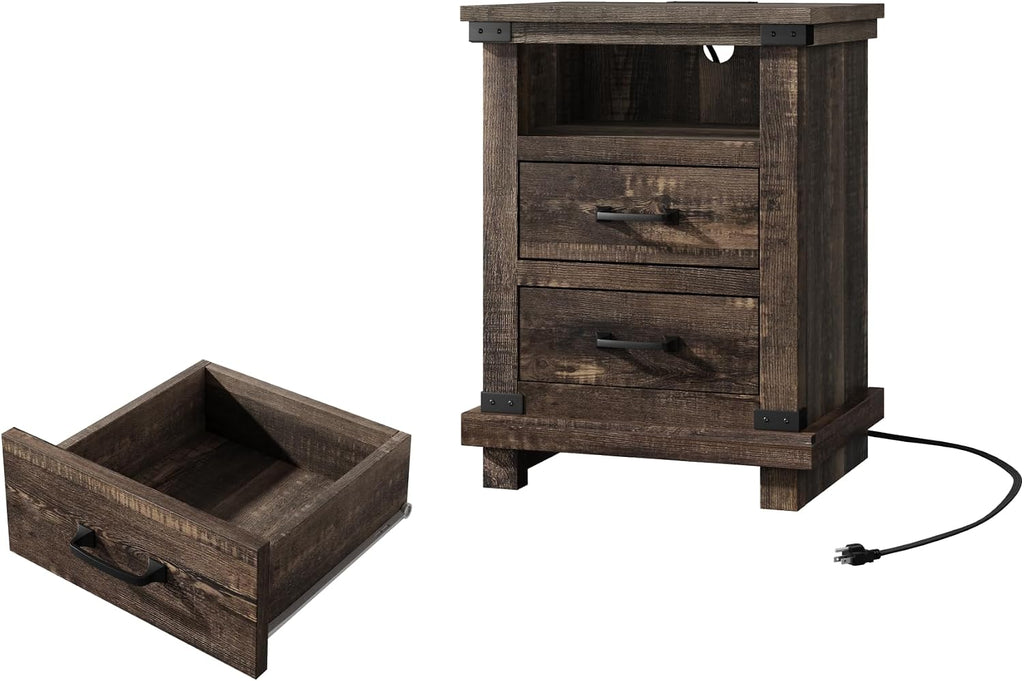 AMERLIFE Farmhouse End Table Set of 2, 18' Wood Night Stand with Charging Station & 2 Storage Drawers, Heavy Duty Bedside Nightstands for Bedroom, Living Room, Black Oak
