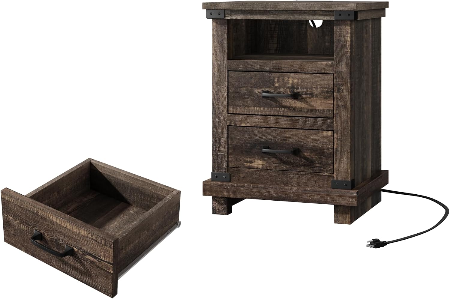 AMERLIFE Farmhouse End Table Set of 2, 18' Wood Night Stand with Charging Station & 2 Storage Drawers, Heavy Duty Bedside Nightstands for Bedroom, Living Room, Black Oak