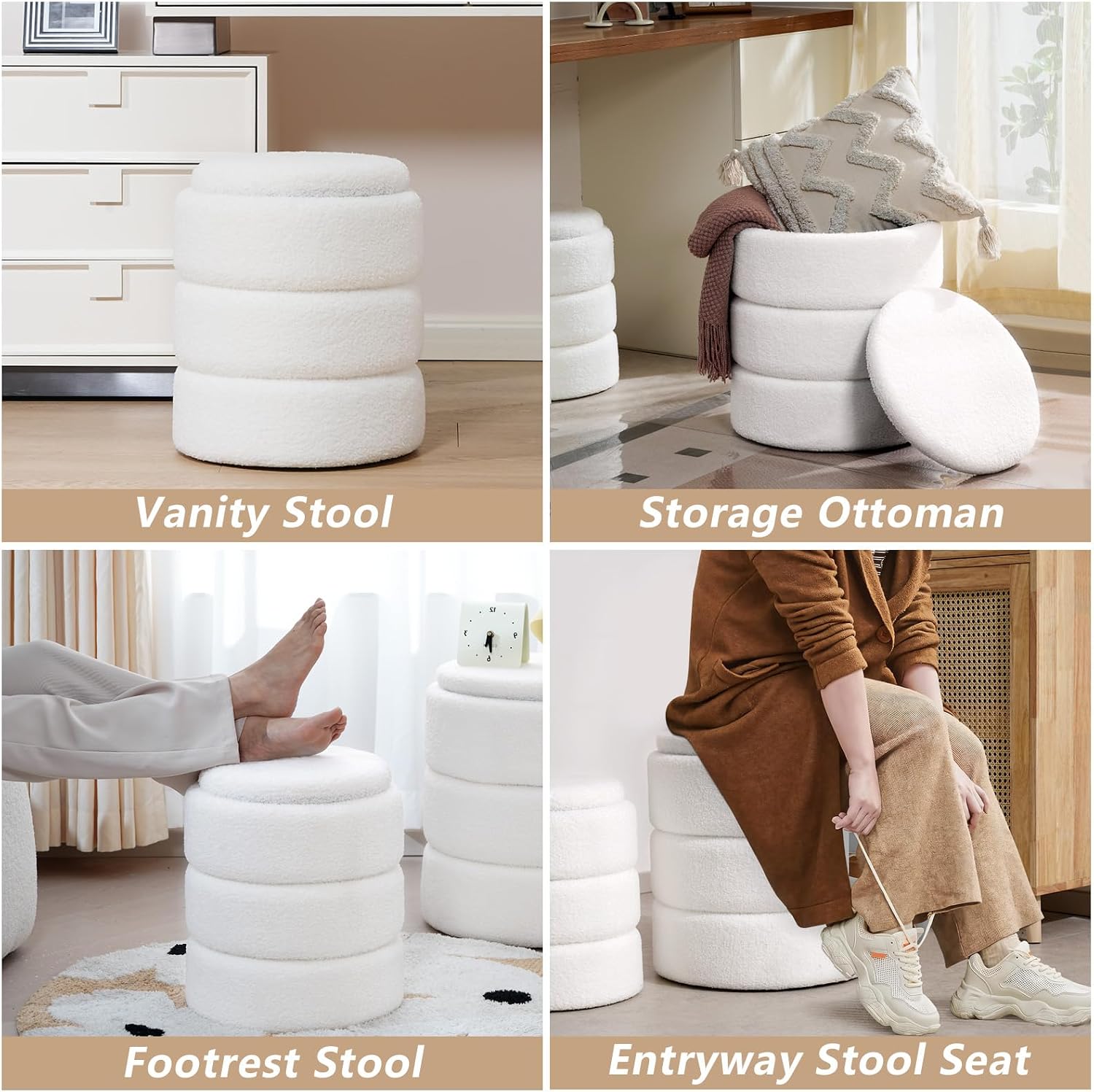 oakvivo Round Ottoman with Storage Set of 2, Soft Teddy Velvet Upholstered Foot Stool Vanity Chairs, Support 330lbs Padded Seat Multifunctional Ottomans Footrest, Foot Rest for Living Room, White