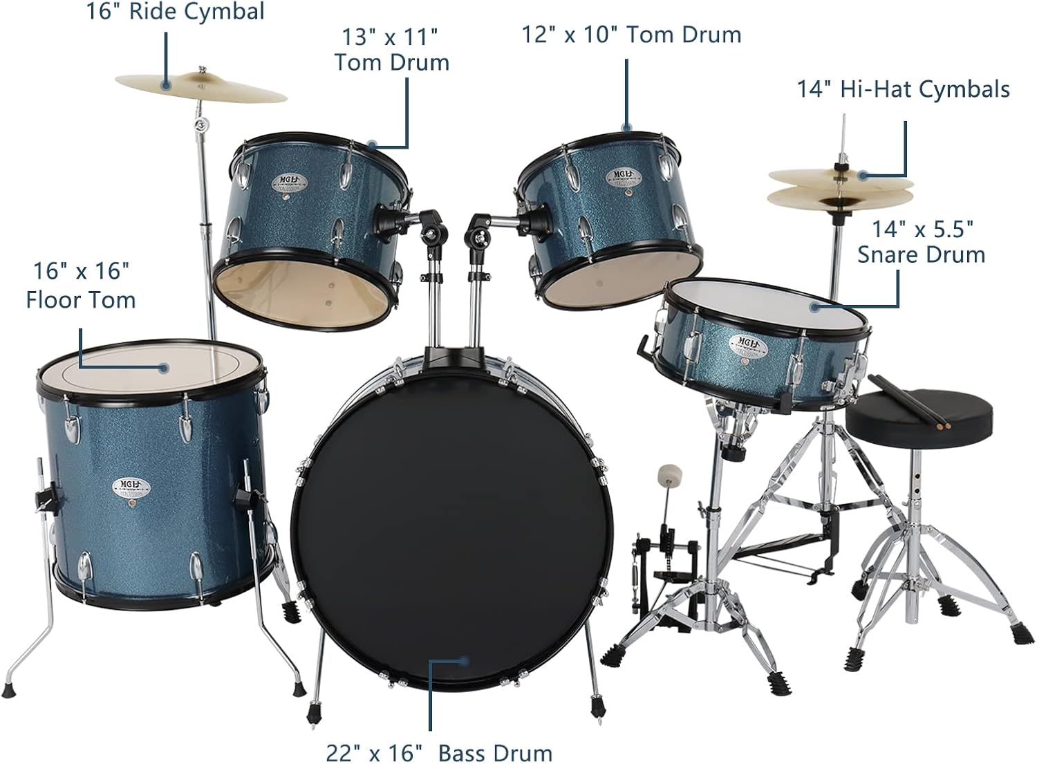 5-Piece Full Size Complete Adult Drum Set,22 Inch Drum Set,with Cymbal Stands, Hi-hat Stand, Sticks, Drum Pedal, Stool & Floor Tom for Beginner Teens Student