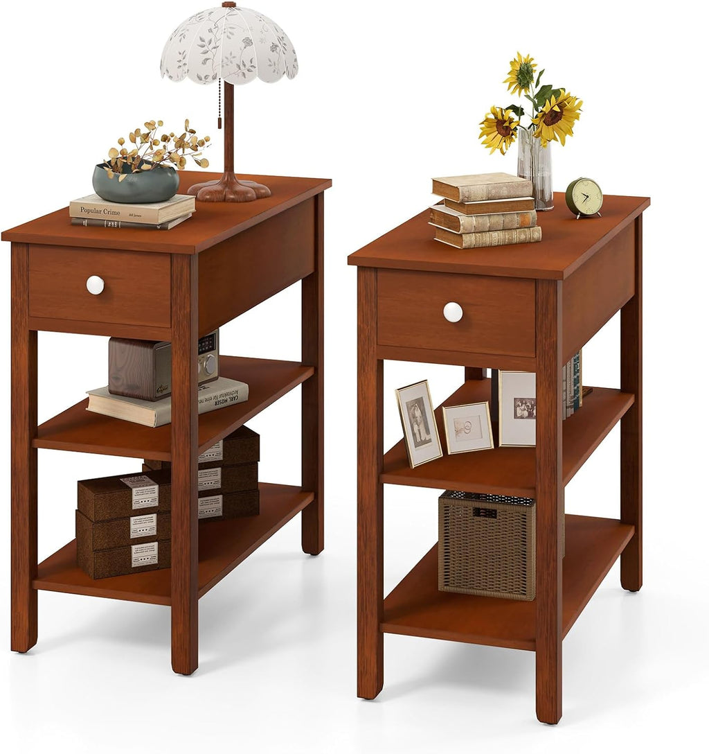 Tangkula Narrow End Table Set of 2, 24.5'H Farmhouse Couch Bedside Table with Drawer, Storage Shelves, Rubber Wood Legs, 3-Tier Nightstand, Slim Side Table for Small Spaces, Living Room Bedroom, Brown