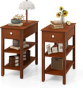 Tangkula Narrow End Table Set of 2, 24.5'H Farmhouse Couch Bedside Table with Drawer, Storage Shelves, Rubber Wood Legs, 3-Tier Nightstand, Slim Side Table for Small Spaces, Living Room Bedroom, Brown