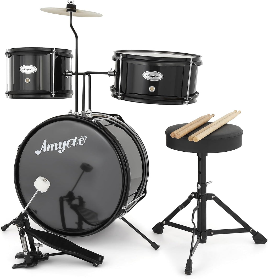 3-Piece Beginner Drum Set, Beginner Drum Set,with Bass Tom Snare Drum, 14 Inch Drum Kit with Snare, Cymbal, Drumsticks, Adjustable Seat (Metallic Black)