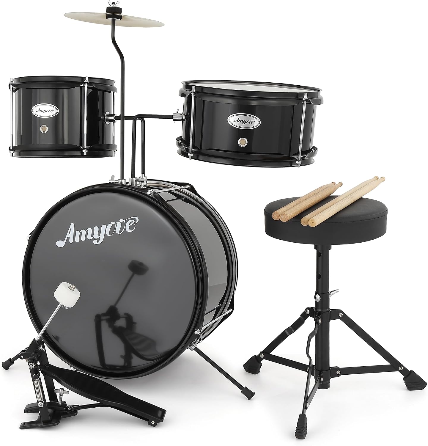 3-Piece Beginner Drum Set, Beginner Drum Set,with Bass Tom Snare Drum, 14 Inch Drum Kit with Snare, Cymbal, Drumsticks, Adjustable Seat (Metallic Black)
