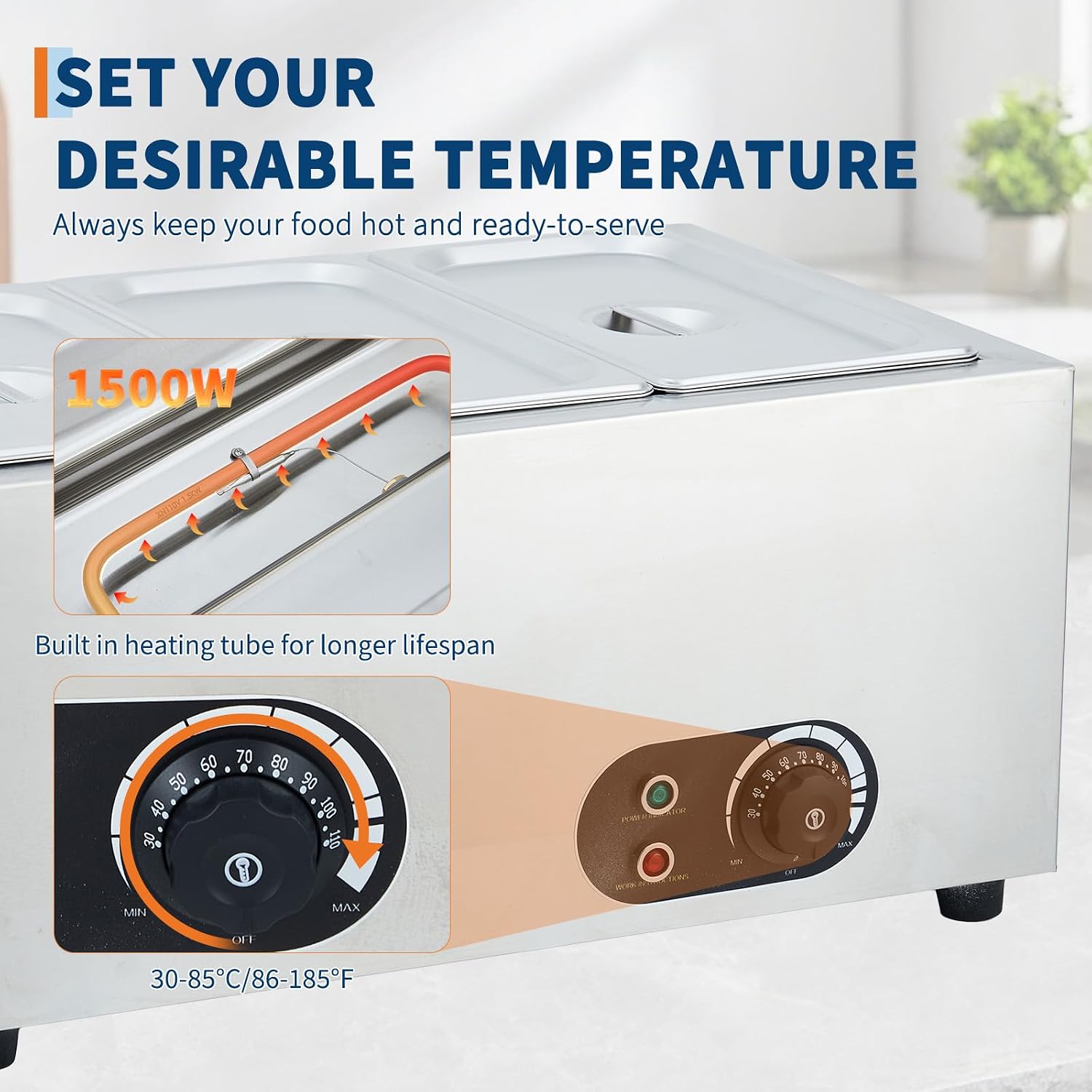 Commercial Food Warmer Stainless Steel 1500W Electric Buffet Server Bain Marie,3-Pan Catering Hot Food Station for Restaurants, Hotels, Banquets