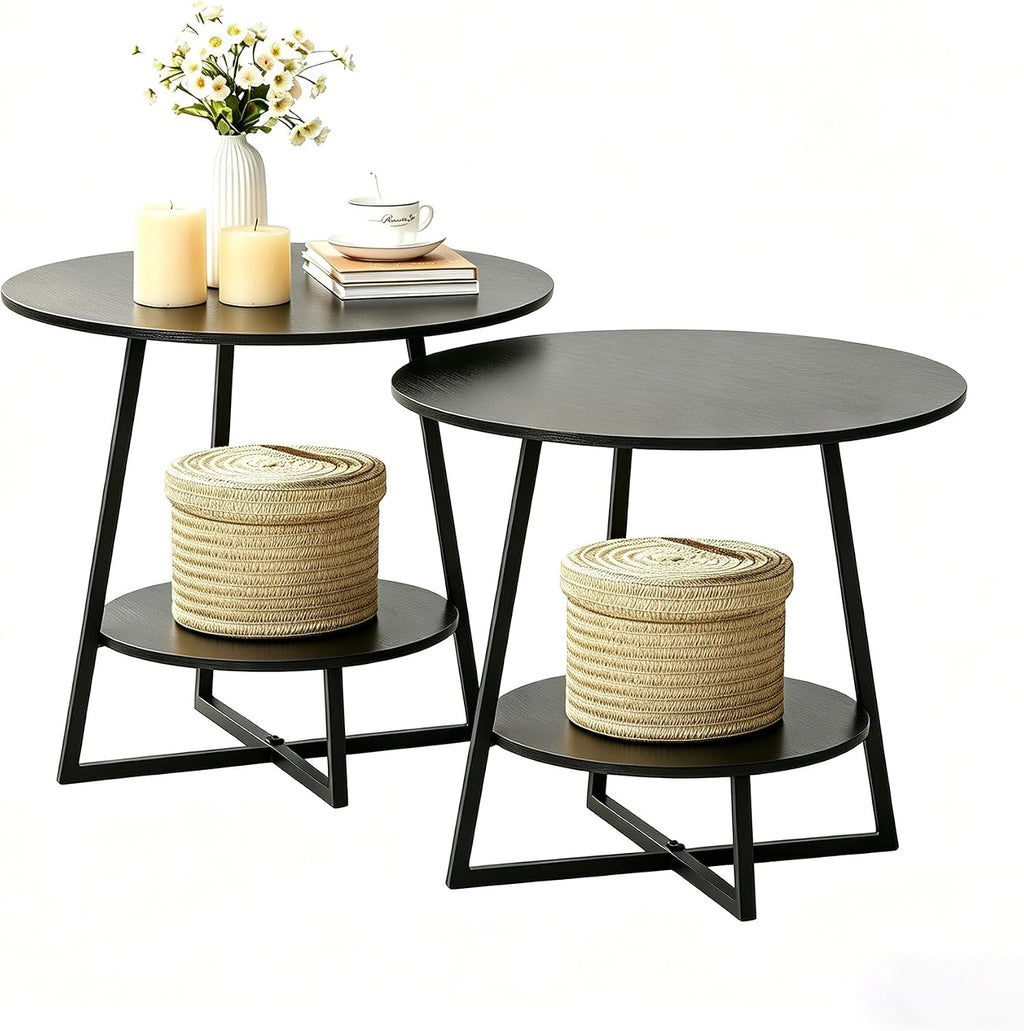 D&H FURNIMMT 20' Living Room Side Table Set of 2 for Small Spaces, 2 Tier Wood Top Round End Tables with Storage Shelf, Accent Sofa Table for Bedroom, Office, Sunroom, Balcony, Black
