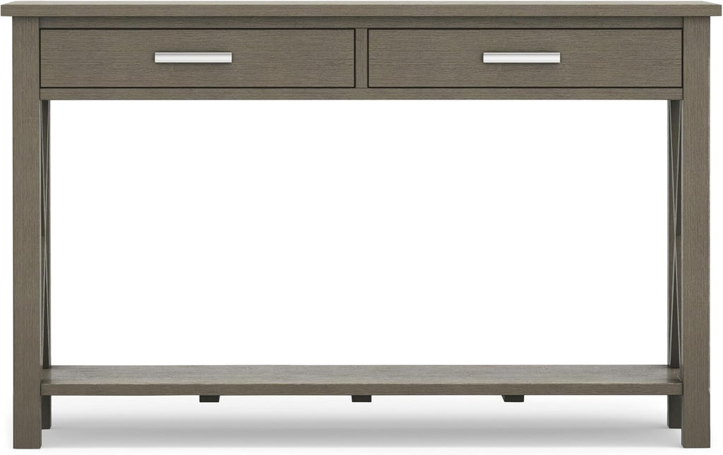 SIMPLIHOME Kitchener Console Table - 47 Inch Wide Solid Wood Sofa Table in Farmhouse Grey, Contemporary Storage Table for Entryway or Living Room with 2 Drawers, Bottom Shelf, and X-Design Side Panels