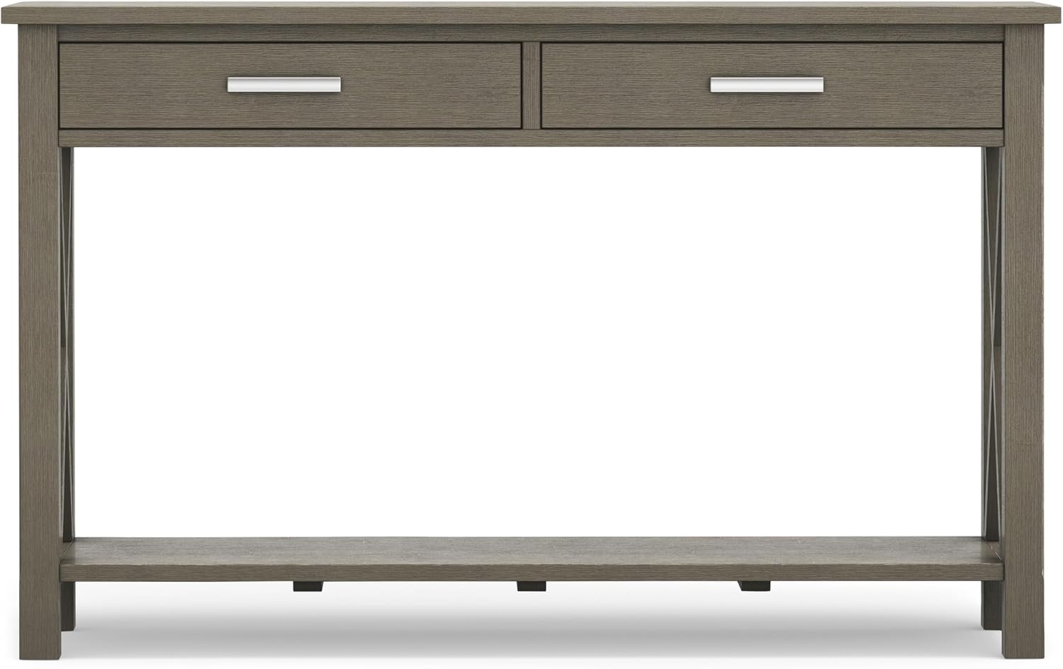 SIMPLIHOME Kitchener Console Table - 47 Inch Wide Solid Wood Sofa Table in Farmhouse Grey, Contemporary Storage Table for Entryway or Living Room with 2 Drawers, Bottom Shelf, and X-Design Side Panels