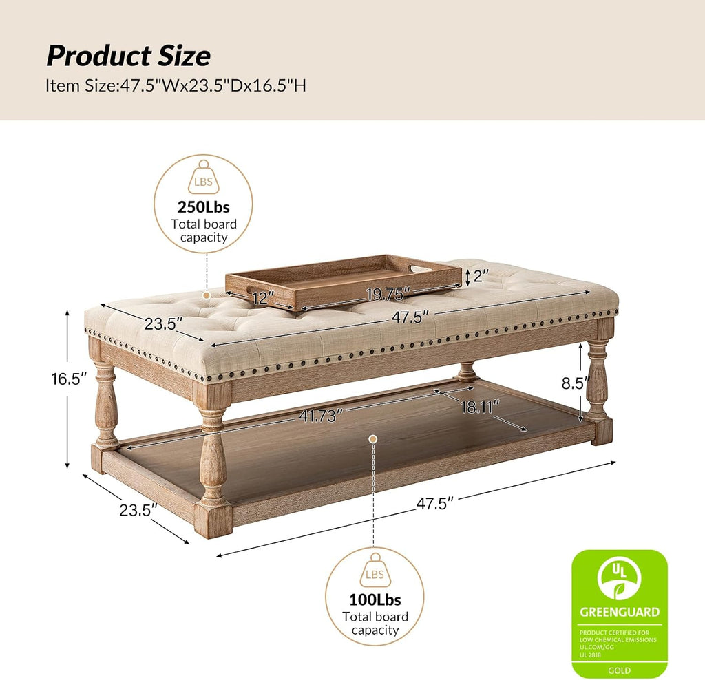 HULALA HOME Rectangle Ottoman Coffee Table with Tray, Tufted Living Room Ottoman with Solid Wood Storage Shelf, Linen