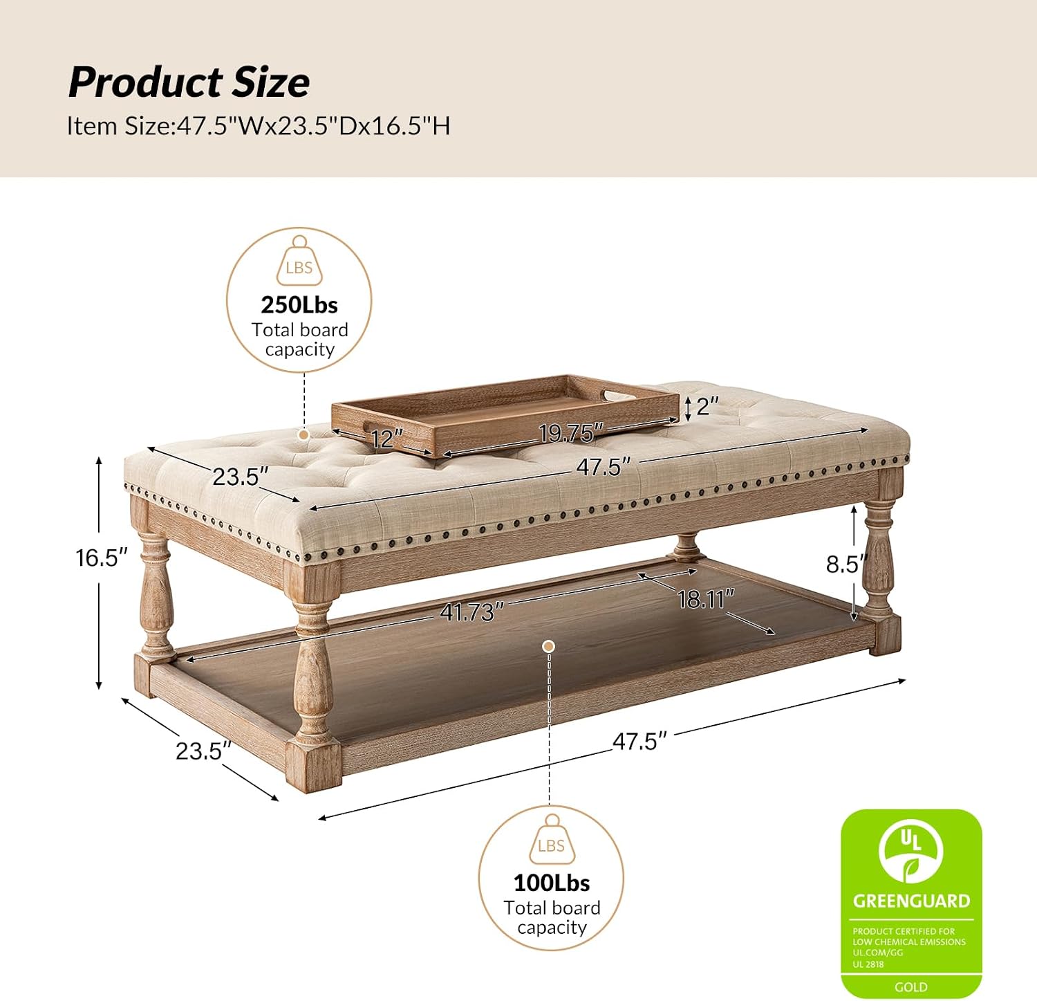 HULALA HOME Rectangle Ottoman Coffee Table with Tray, Tufted Living Room Ottoman with Solid Wood Storage Shelf, Linen