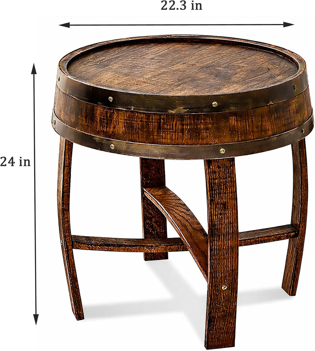 Whiskey Barrel Table, Handcrafted Wooden Wine Barrel End Table for Living Room, Home Bar & Covered Patio, Bourbon Barrel Table for Airbnb, Entryway & Bar Décor (Brown)