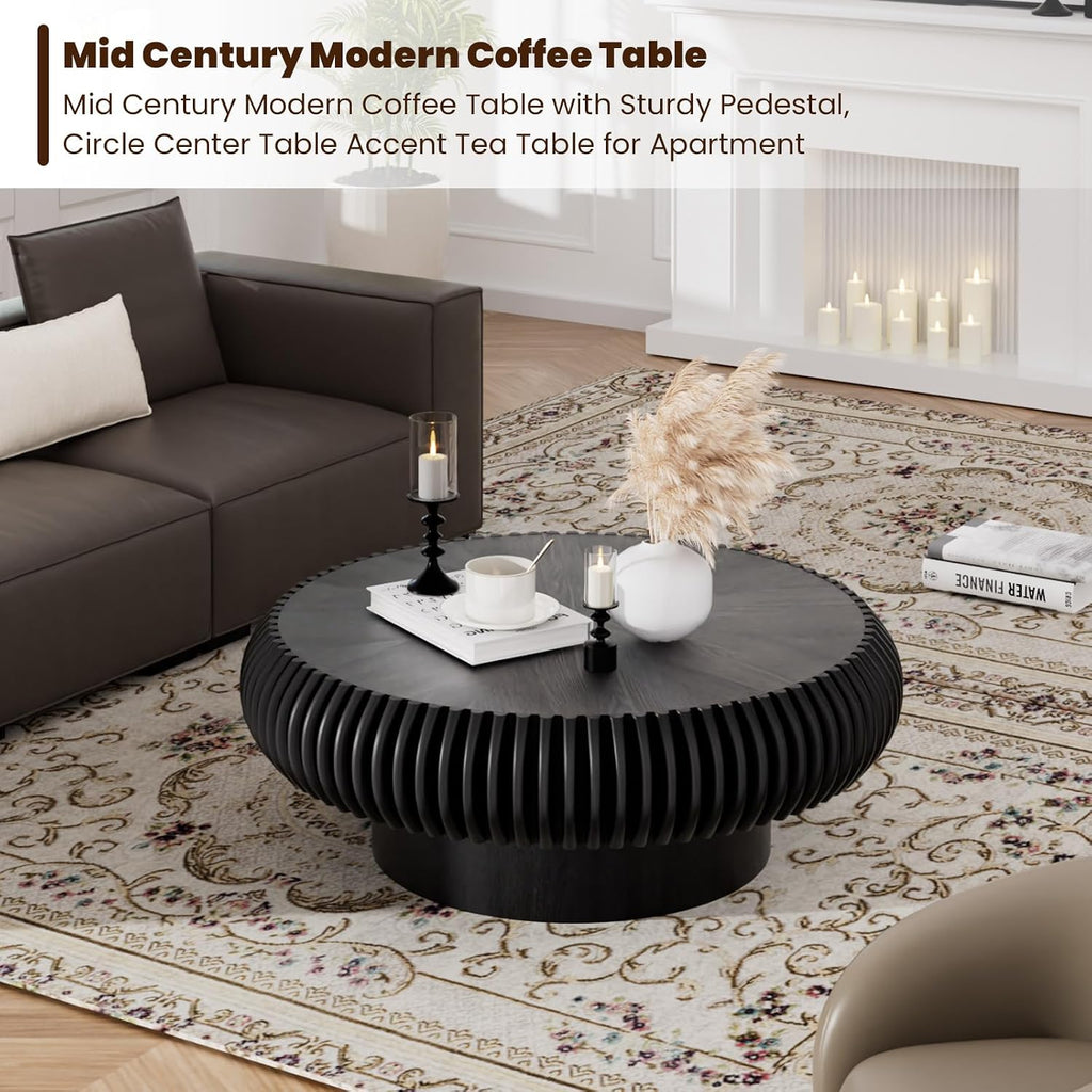 Round Drum Coffee Table for Living Room, Mid Century Modern Coffee Table with Sturdy Pedestal, Farmhouse Fluted Circle Center Table Accent Tea Table for Apartment (31.5' Black)