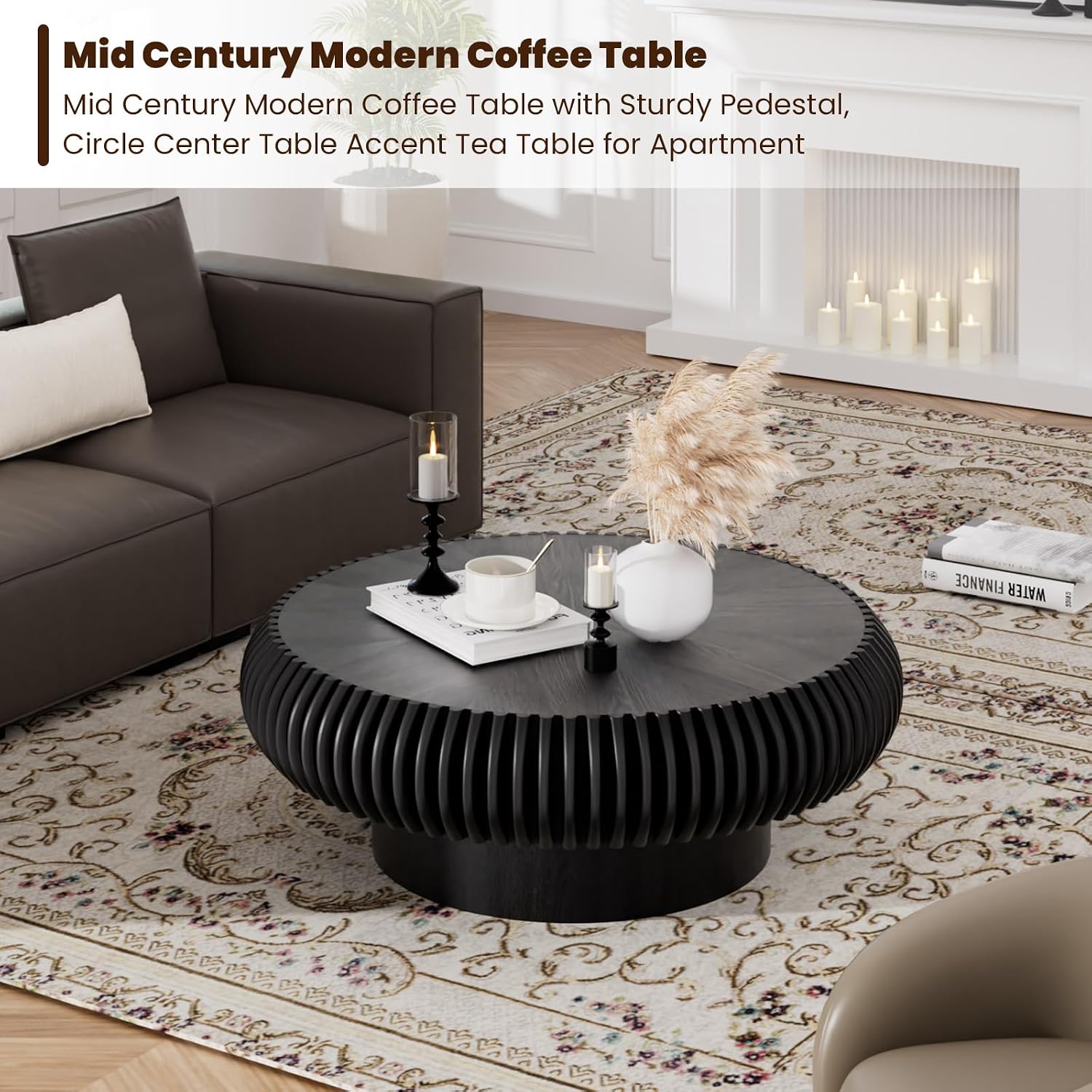 Round Drum Coffee Table for Living Room, Mid Century Modern Coffee Table with Sturdy Pedestal, Farmhouse Fluted Circle Center Table Accent Tea Table for Apartment (31.5' Black)