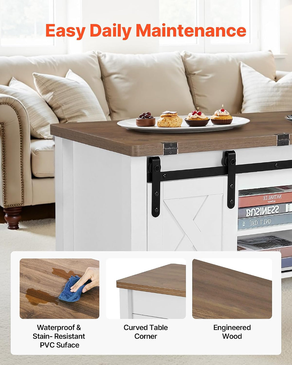 VEVOR 39.4 in Farmhouse Lift Top Coffee Table, Rustic Center Table with Barn Door and Hidden Storage Compartment, Modern Rectangle Lifting Tabletop for Living Room, Office, Home, Easy Assembly, White