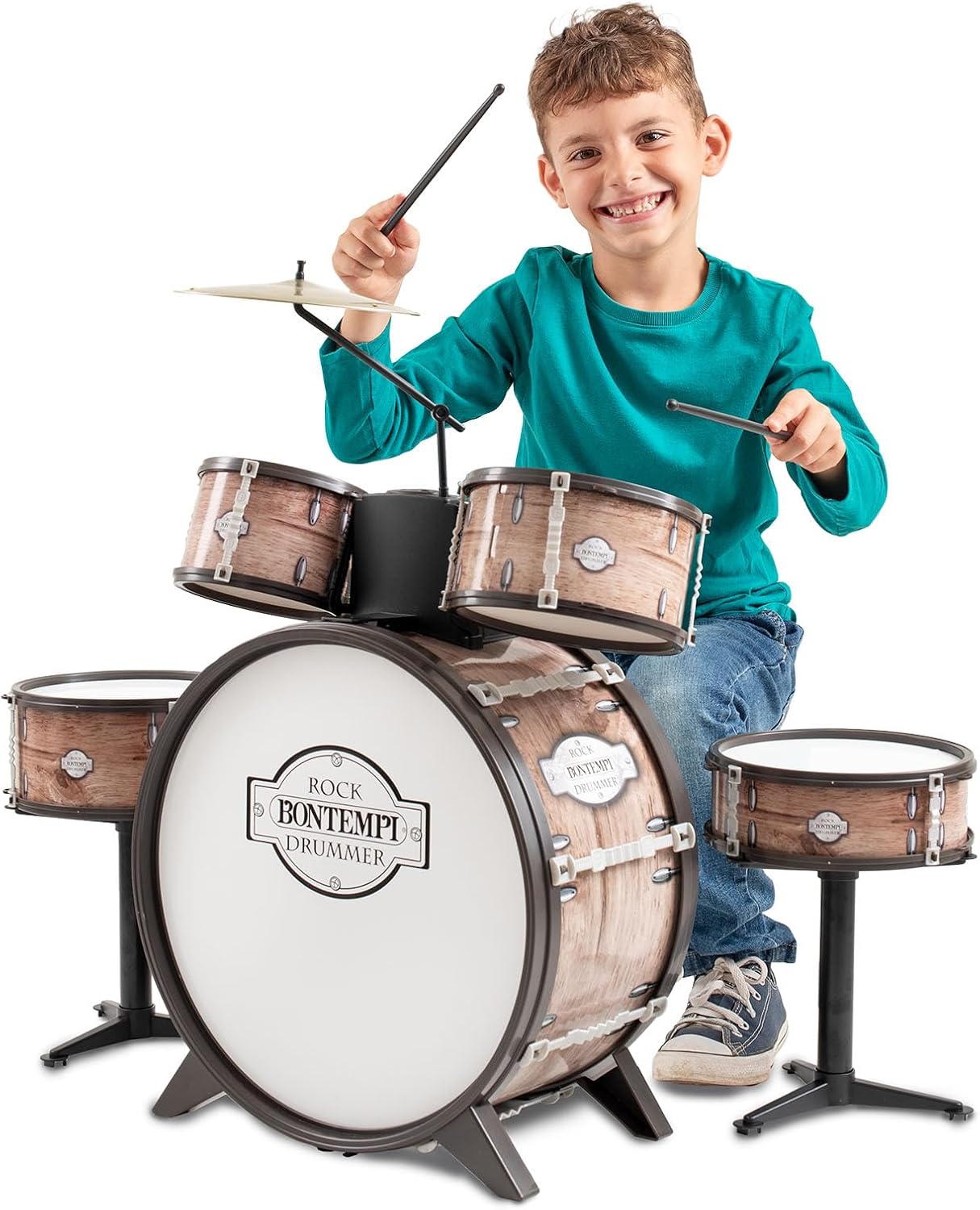 Bontempi Drum Kit with 6 Elements, Stool and 2 Sticks, Realistic Sound, 700 x 400 x 800 mm, Musical Instrument for Children from 5 Years