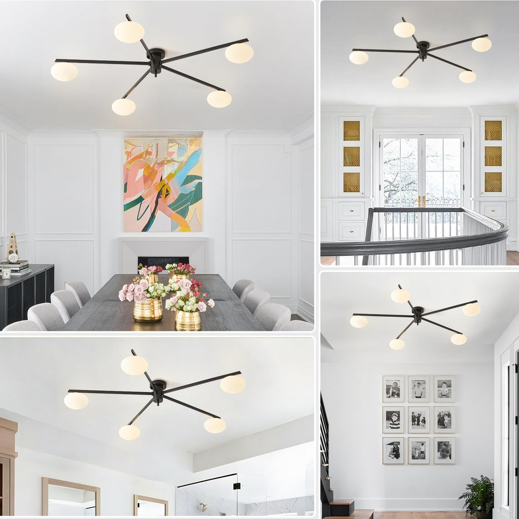 5 Lights Mid Century Modern Black Sputnik Semi Flush Mount Ceiling Light Vintage Glass Close to Ceiling Light Fixtures Industrial Metal Ceiling Chandelier Glass Globe Hall Light MCL05-BK