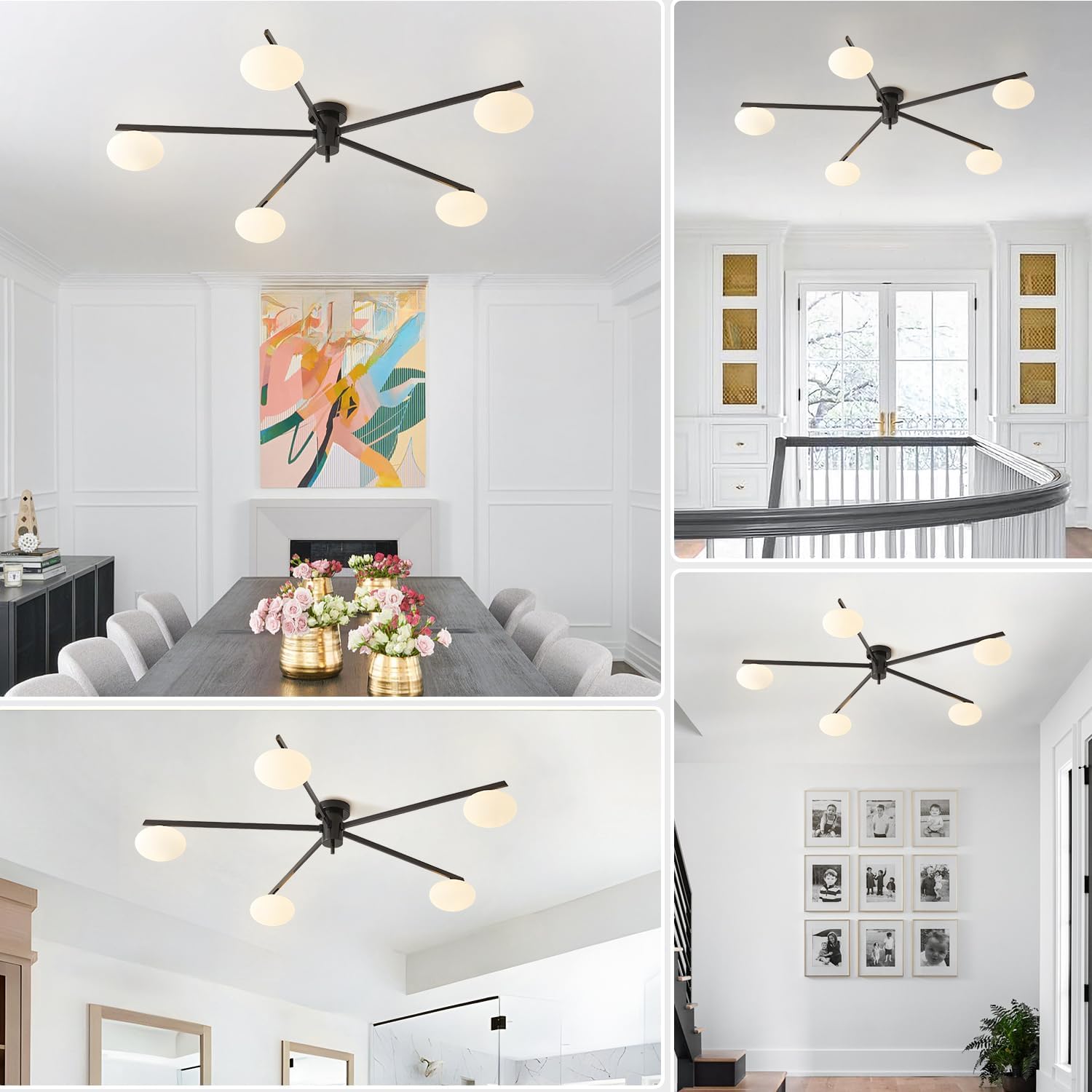 5 Lights Mid Century Modern Black Sputnik Semi Flush Mount Ceiling Light Vintage Glass Close to Ceiling Light Fixtures Industrial Metal Ceiling Chandelier Glass Globe Hall Light MCL05-BK