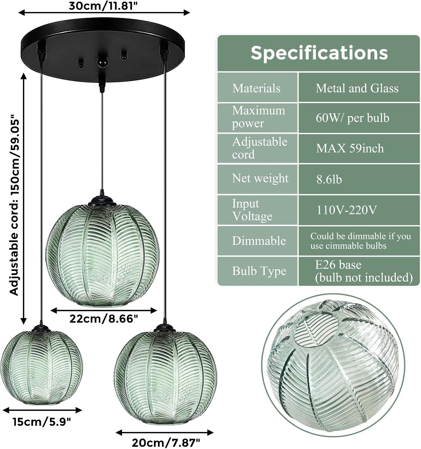 GXF 3 in 1 Green Cluster Pendant Light Fixtures, E26 E27 Large Glass Chandelier Mid Century Modern Chandelier Ribbed Blown Glass Globe Shade Hanging Light Ceiling Light for Living Room Restaurant Bar