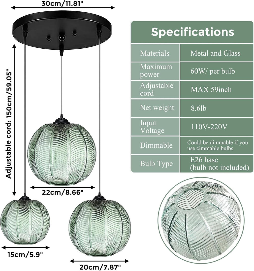 GCQ 3 in 1 Large Glass Pendant Light Fixtures, Green E26 E27 Chandelier Mid Century Modern Chandelier Ribbed Blown Glass Globe Shade Hanging Light Ceiling Light for Living Room Restaurant Bar