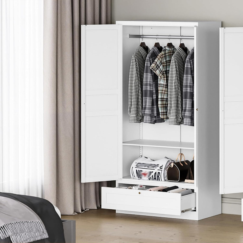 MIIIKO Wardrobe Closet with Drawer, 2 Doors Clothes Cabinet, 72' Metal Storage Cabinets with Hanging Rod, Bedroom Armoires Laundry Room and Office Clothes Storage Organizer Cabinets