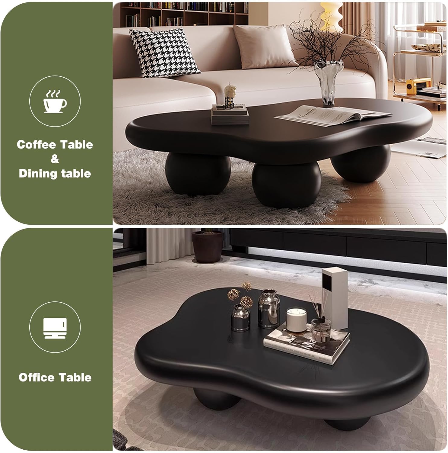 Cloud Coffee Table for Living Room with Round Corners Modern Style Center Table with 3 Ball-Shaped Legs Wood Tea Table for Small Space Apartment Easy Assembly (Black W48 * D36 * H14inch)