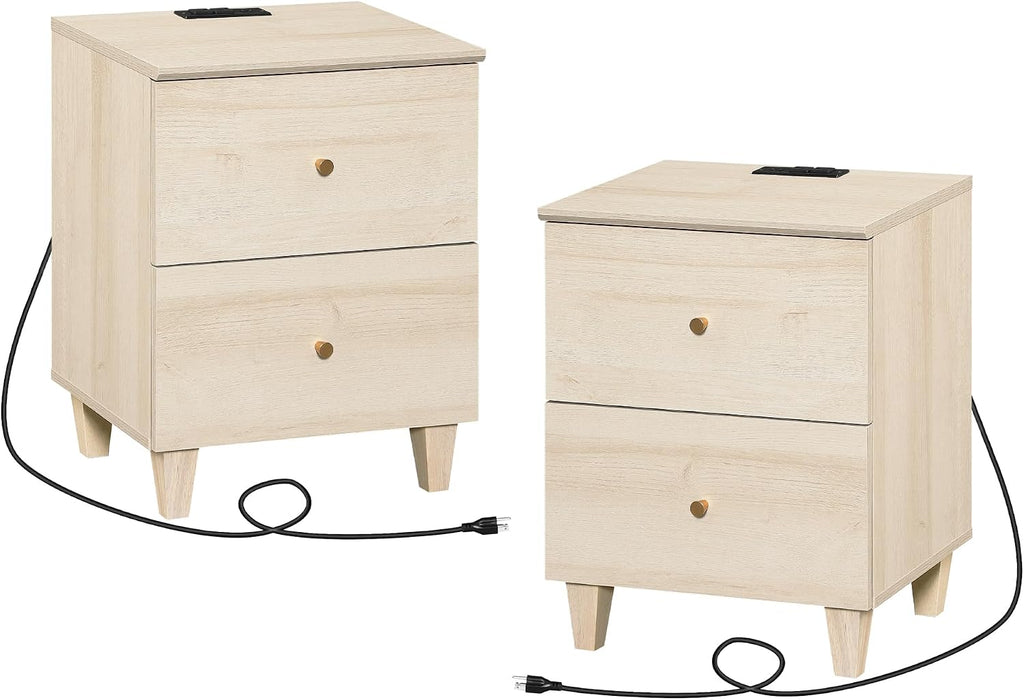 WAMPAT Nightstands with Charging Station & 2 Drawers, Set of 2 Modern Mid-Century End Tables Wooden Bedside Table for Living Room, Bedroom Storage, Light Oak